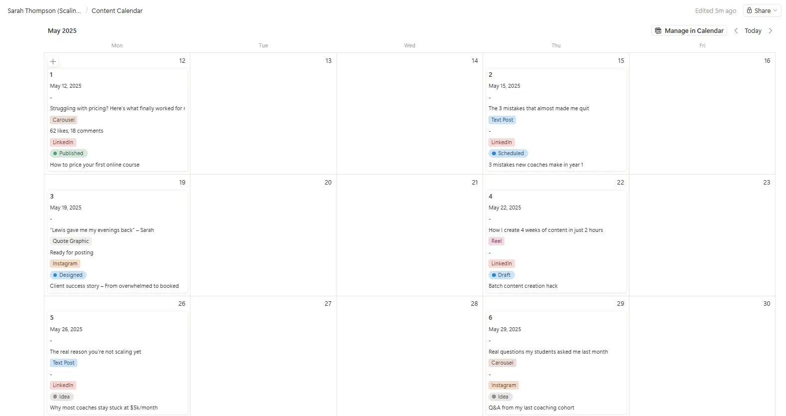 Launch Calendar — monthly overview so Sarah always knows what's coming