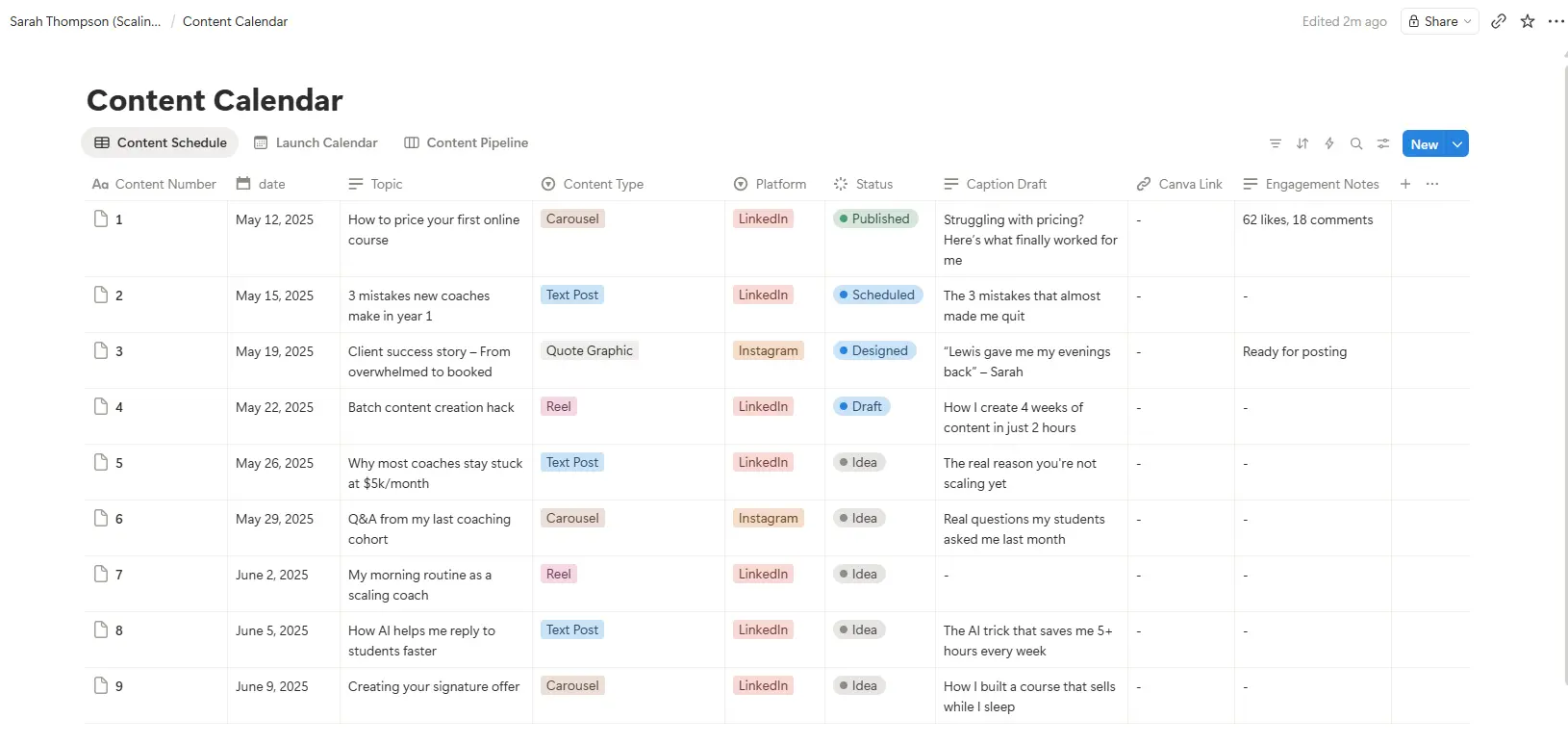 Content Calendar Table — live database with planned posts, statuses, and Canva links