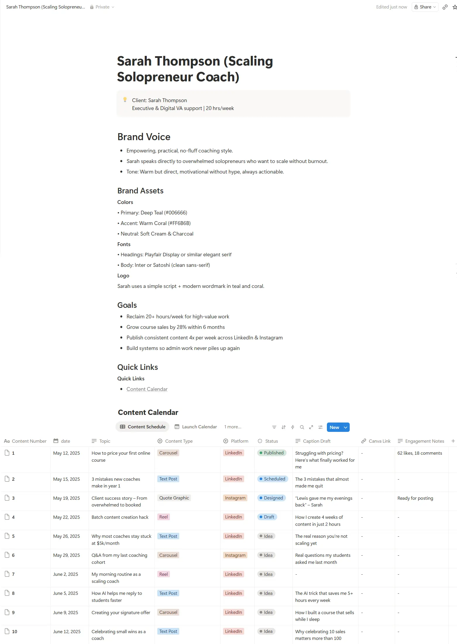 Full Client Dashboard — one central hub for content, assets, goals, and quick links