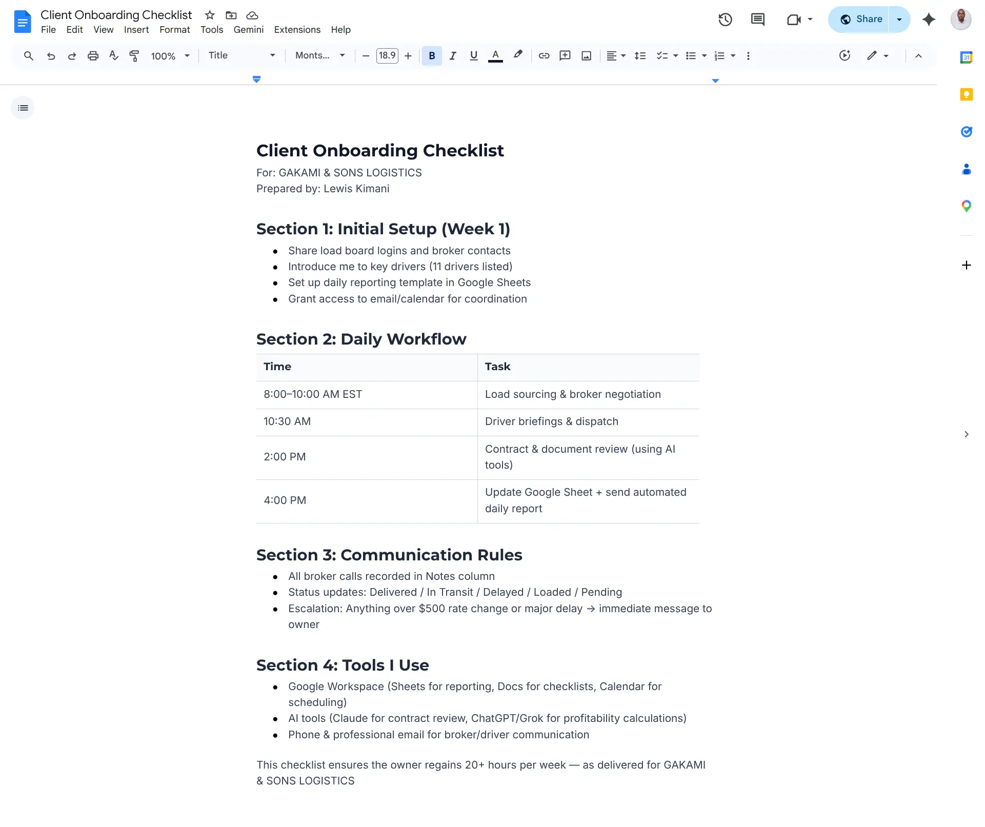 Client Onboarding Checklist – Google Doc with structured onboarding steps